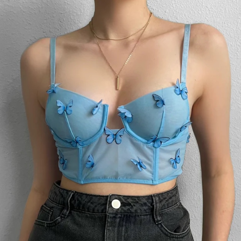 NWT Sheer Small Baby Blue Corset top with 3D butterfly appliqué. Hook and Loop.